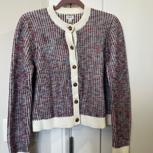 J. Crew Multicolor Long Sleeve Ribbed Cardigan with Cream Trim